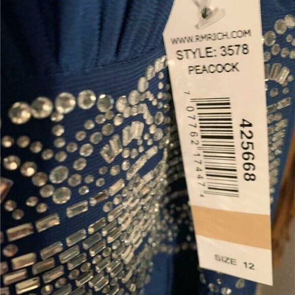 R&M Richards 12 Blue Peacock Beaded Waist Keyhole Halter Neck Open Tie Back Gown - Picture 6 of 6